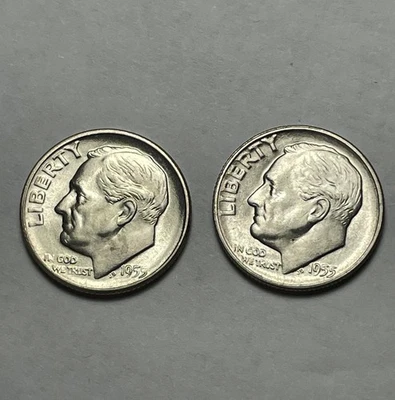 Lote de dos monedas de diez centavos Roosevelt de plata 1955 UNC Foto 1 de 4