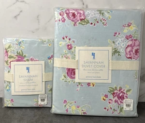 PBK POTTERY BARN KIDS SAVANNAH PINK ROSE FLORAL BLUE TWIN DUVET & SHAM NEW - Picture 1 of 6