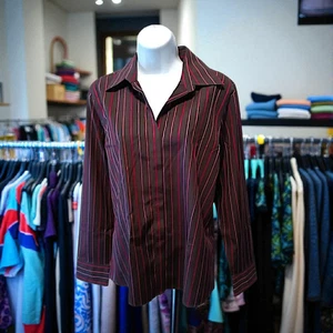 Talbots Sz 10 Wrinkle Resident Stretch Blouse, Brown W/Striped. L-6 - Picture 1 of 9