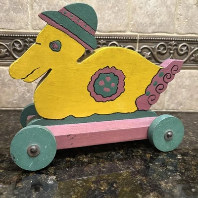 DE COLECCIÓN HECHO A MANO PINTADO A MANO ARTE POPULAR PRIMITIVO NIÑO CON RUEDAS PATO JUGUETE DE EMPUJE Foto 1 de 4