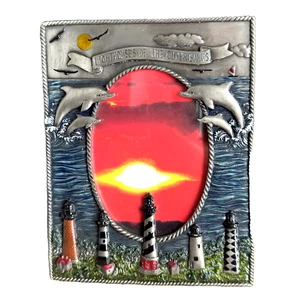 Lighthouse and Dolphins Pewter Picture Frame Dolphins 7x5.5” Holds 4.25”x 3.25” - Picture 1 of 15