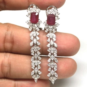 925 Sterling Silver 6 x 8 mm. Red Ruby & Cubic Zirconia Jewelry Earrings - Picture 1 of 4