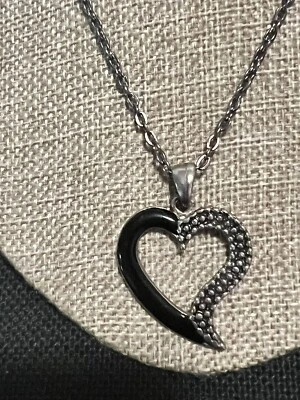 Dainty chain two-tone black enamel Marcasite ￼heart 16” w 2” ext Necklace - Image 1 of 4