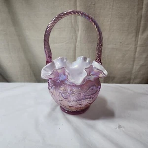 Fenton Glass Pink Dusty Rose Poppy Overlay Iridescent Glass Basket 1997 - Picture 1 of 7