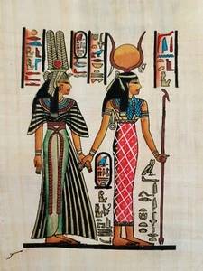Framed Natural Wood Hathor & Queen Nefertari Papyrus Handmade Egyptian Artwork - Picture 1 of 12