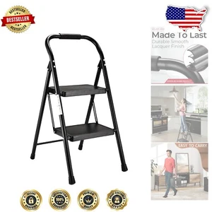Stylish Black 2-Step Ladder Stool - Lightweight, Foldable and Non-Slip Security - Picture 1 of 8