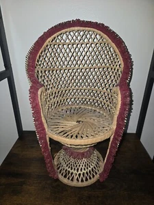 Vintage Mini Wicker Peacock Fan Back Rattan Chair Plant Stand Boho Decor 16” - Picture 1 of 4
