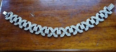 vintage art deco clear rhinestone geometric `X panel bracelet silver tone -160 - Image 1 of 4