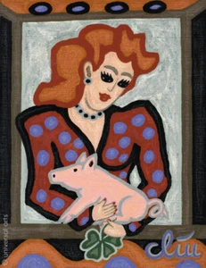 JACQUELINE DITT - Lucky Fairy Miniatur Gemälde 2012 Märchen Glücksfee Schwein - Bild 1 von 2