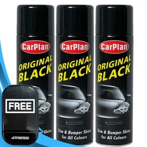 3x Carplan Original Black Trim & Bumper Shine Aerosol Spray 500ml Cans OBS500 +M - Picture 1 of 15