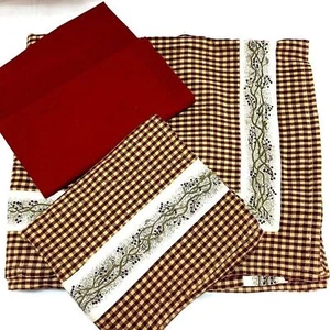 Red Berries Table Cloth Runner Napkins Set Red Gingham Country Primitive Folk - Picture 1 of 5