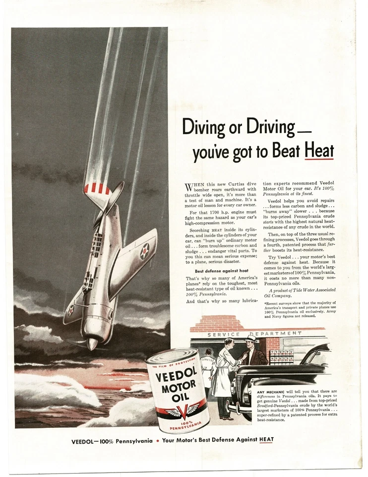 1941 Veedol Motor Oil Curtiss Helldiver dive bomber WWII art Vintage Print Ad - Image 1 of 1