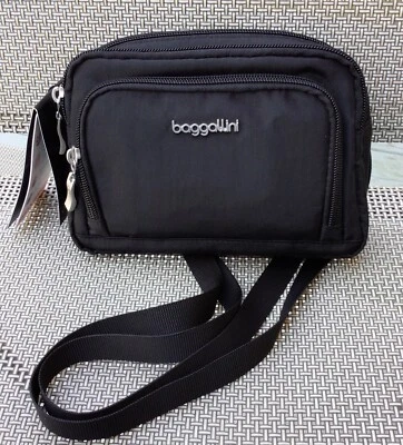 NWT Baggallini Triple Zip Crossbody with Front RFID Wallet Black $60 MSRP - Image 1 of 4