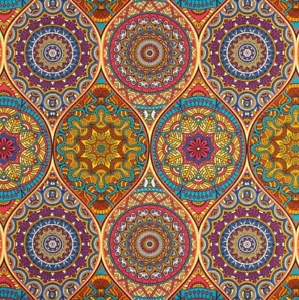 Dekostoff Mandala bunt orange Leinenoptik (Meterware ab 0,50m) Sommerstoff Deko - Bild 1 von 3