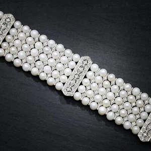Vintage Multi-Row Pearl Bracelet with Diamonds 18K White Gold - Picture 1 of 9