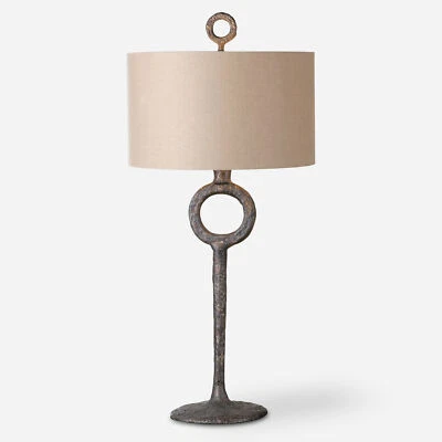 Rustic Hammered Cast Iron Textured Ring Table Lamp 35 in Minimalist Bronze Metal - Image 1 of 4