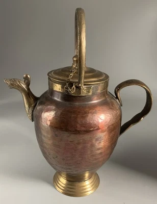 Antike Kanne aus Kupfer u. Messing; Fisch Ausgiesser; - Bild 1 von 4