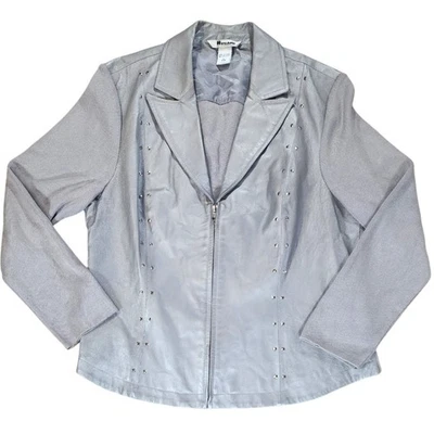 Chaqueta Blazer Peter Nygard Para Mujer Plateada Cuero Tachonado y Tejido Talla L Foto 1 de 4