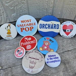 Vintage Lot Pinbacks Buttons Orchard Pop Mom Drove Drink Silence Smile - Picture 1 of 10