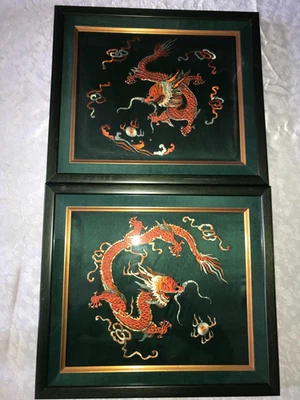 2 CHINESE Needlepoint EMBROIDERY Art SILK  Textile FRAMED Flame DRAGONS 16 x 14" - Image 1 of 4