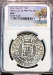 1972 DOMINICAN REPUBLIC SILVER 1 PESO CENTRAL BANK ANNIV NGC MS 67 RARE GEM COIN - Picture 1 of 3