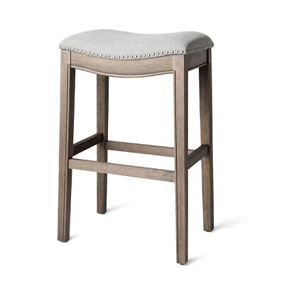 Adrien Saddle Backless Bar Stool w/ Nailhead Trim, Reclaimed Oak (For Parts) - Image 1 of 4