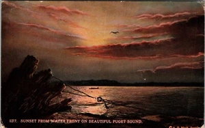 SUNSET FROM WATER FRONT ON PUGET SOUND Washington Postcard JD24 - Picture 1 of 2