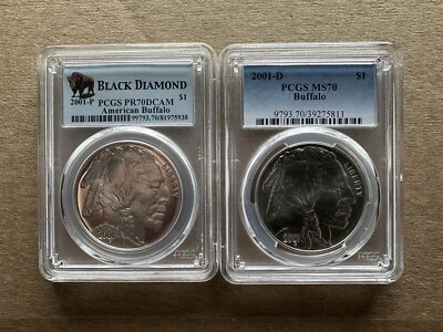 2001-D MS70 & 2001-P PR70DCAM Buffalo Silver Dollars PCGS - 2 Coin "Set" - Image 1 of 4