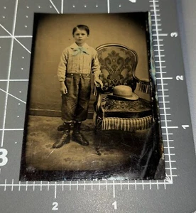 1870s Boy w/ Hat Color Tinted Bow Chair BIG BROTHER Antique Tintype PHOTO #1 - Picture 1 of 3