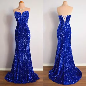 ROYAL BLUE SEQUIN EVENING PAGEANT PROM LONG FORMAL BALL DRESS WEDDING GOWN L 10 - Picture 1 of 18
