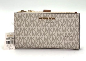 Michael Kors Jet Set Travel White Leather Logo Large Double Zip Wristlet Wallet - Picture 1 of 6