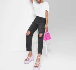 Wild Fable Super High Rise Curvy Tapered Distressed schwarze Damenjeans 4 NEU! - Bild 1 von 8