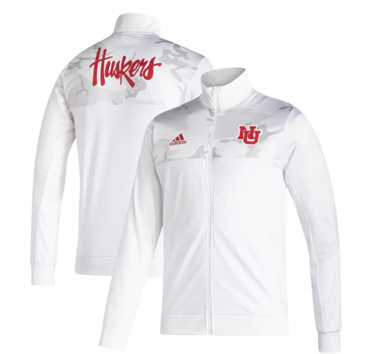 NEBRASKA CORNHUSKERS (ADIDAS) MENS FOOTBALL TRACK JACKET (LRG) WHITE 2 LOGOS