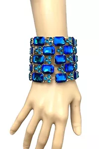 2.5" Wide Pecock Blue Crystals Luxurious Chunky Oversized Bracelet Drag Queen - Picture 1 of 2