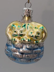 Vintage Glas Ornament 2 Kätzchen im Korb Polen BLAU Merkur Glas Weihnachten - Bild 1 von 8