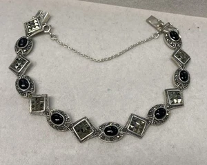 Beautiful Antique SU .925 Italy Onyx & Marcasite Woman's Bracelet, 7.5” - Picture 1 of 9