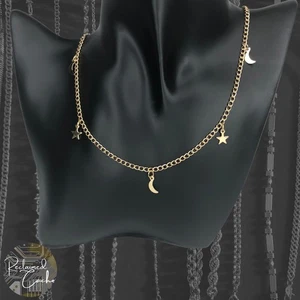 Womens Gold Tone Hanging Stars Moons Charms Chain Necklace Simple Alloy Jewelry - Picture 1 of 4