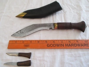Vtg. 6" Biltong Khukuri knife, Sheath, Karda, Chapmak, Wood, Brass. Needs Wd.D12 - Picture 1 of 15