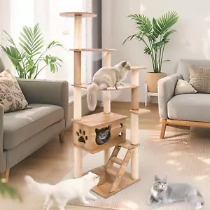 Wooden Cat Tree Tower Scratching Post Scratcher Large Condo House Cats Bed Stand - Picture 1 of 8