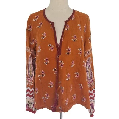 Tigerlily Womens Linen Blend Floral Long Sleeve Boho Top Blouse Size 8 Orange - Image 1 of 4