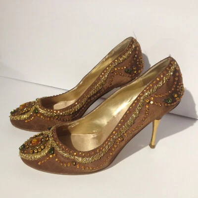 Zapatos de Tacón Magical Valerie Stevens Vintage Lentejuelas Estrás 8M Dorado Ámbar Verde Foto 1 de 4