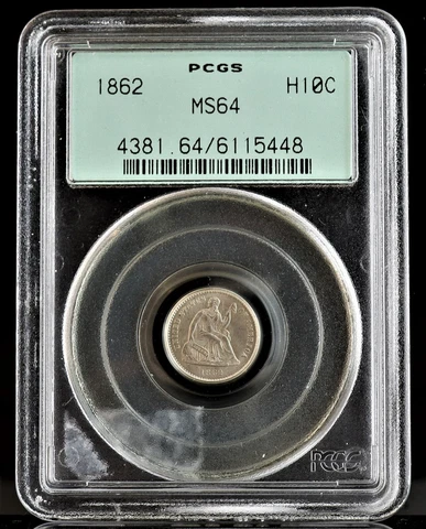 1862 H10C Seated Liberty Half Dime PCGS MS64 Cover