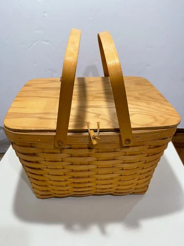 Longaberger Picnic Basket 1999 Protector Riser Leather Hinged Wooden Lid 16x13” Cover