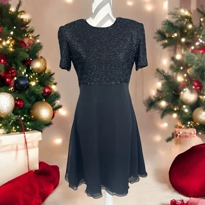 Talbots Black Silk Beaded Bodice Short Sleeve Cocktail Dress Size 8 Formal - Image 1 of 4