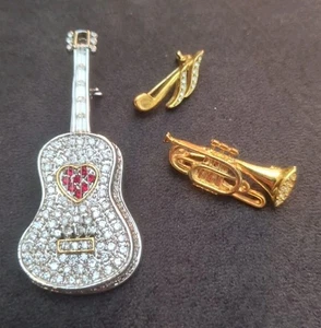 Rhinestones Acoustic Guitar , Sax And Music Notes Brooch Pin Lot Of 3 - Picture 1 of 10