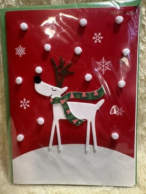 Papyrus Christmas Card 2016 3D Die Cut Reindeer Scarf Pom Pom Iridescent Snow - Image 1 of 3