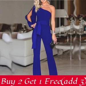 Elegant Women Tied Waist Flared Jumpsuits Fashion One Shoulder Sexy Rompers For - Picture 1 of 19