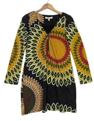 Aryeh Sweater Dress Womens S Brown Geometric Boho Chic Artsy Retro Long Sleeve - Image 1 of 4