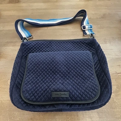 Vera Bradley Crossbody Bag Navy Velvet Faux Leather Black Trim Great  Condition - Image 1 of 4
