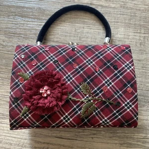 Gymboree Vintage kariert rot/schwarz Blumen verziert Pailletten Kinder Handtasche/Handtasche - Bild 1 von 6
